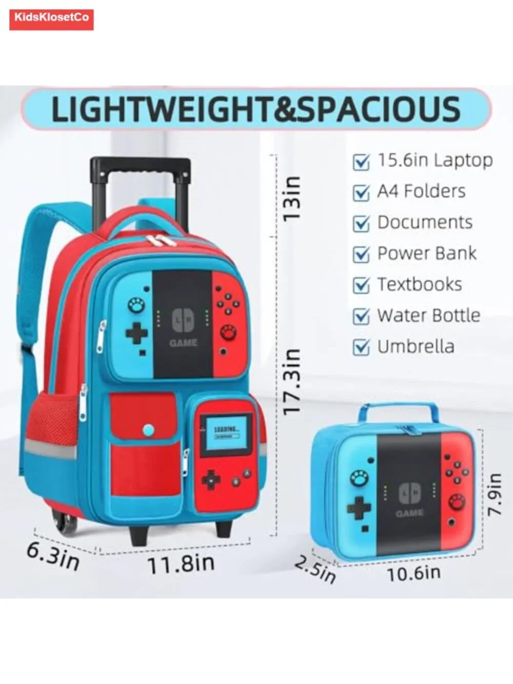Kids Rolling Backpack 3-Piece Set with Lunch Box Pencil Case Wheeled Bookbag